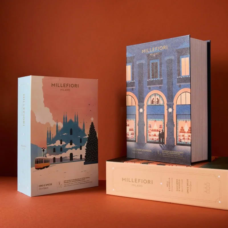 Cofanetto Millefiori di Natale con grafica a tema Natale milanese contenente un diffusore Air Design, una ricarica 250 ml della fragranza “Oro e spezie” e bastoncini, per un bellissimo ed elegante regalo di Natale